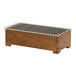 A wooden box with a metal grate inside.