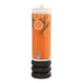 A Cal-Mil glass beverage dispenser filled with orange juice and orange slices on a black wood base.