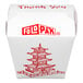 A white 16 oz. microwavable paper take-out container with a red pagoda design and the words 'Thank You' on the top.