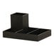 A black rectangular Cal-Mil plastic condiment organizer with three compartments.