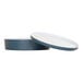 A white and blue round Cal-Mil melamine bento box with a lid.