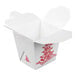 A white paper take-out container with a red pagoda design and open flaps, commonly used for Chinese or Asian food.