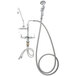 A silver T&S deck mounted pre-rinse faucet with a hose.