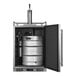 A Summit Appliance stainless steel beer keg in a silver refrigerator with an open door.