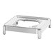 A stainless steel rectangular chafer on a metal stand.