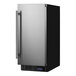 A stainless steel Summit Appliance built-in freezer with a black door open.