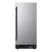 A stainless steel Summit Appliance built-in freezer with a black handle.