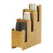 A wooden organizer with three compartments holding cups and lids.