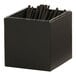 A black metal ice housing with black straws in it.