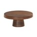 A round walnut cake pedestal on a round wooden table.