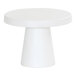 A white round Cal-Mil cake pedestal on a white table.