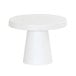 A white round melamine cake pedestal with a round top on a white table.