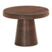 A round brown walnut cake pedestal with a white background.
