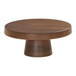 A round walnut melamine cake pedestal on a round wooden table.