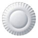 A clear glass dinner plate with a scalloped edge.