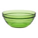 A green Duralex glass bowl with a black stripe.
