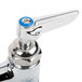 A close up of a chrome T&S deck-mount pantry faucet with blue handles.
