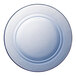 A close-up of a white Duralex soup plate with a blue rim.