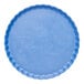 A blue round plate with a scalloped edge.