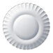 A clear glass dessert plate with a scalloped edge.