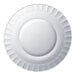 A clear glass soup plate with a circular design on a white background.