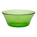 A green Duralex glass bowl with a black rim.