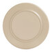 A taupe plate with a round edge and center.