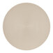 A taupe circular melamine plate with a circular pattern on the rim.