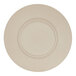 A close-up of a taupe Cal-Mil melamine plate with a circular pattern.