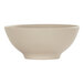 A taupe melamine bowl with a curved edge and a thin stripe design.