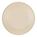 A taupe melamine plate with a white rim.