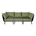 A black BFM Seating Cayman outdoor couch with black legs and green Sunbrella cushions.
