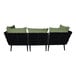 A black BFM Seating outdoor couch with green cushions and pillows on a white background.