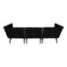 A black BFM Seating outdoor couch with black rope chairs and Sunbrella fern cushions.