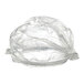 A clear disposable plastic shower cap with an elastic edge.