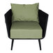 A black armchair with a Sunbrella fern cushion and back pillow.