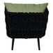 A black wicker outdoor armchair with a green cushion and back pillow.