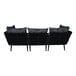 A black BFM Seating outdoor couch with black Sunbrella cushions and back pillows.