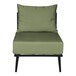 A black BFM Seating outdoor middle section with a green cushion and pillow on a white background.