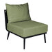 A BFM Seating Cayman outdoor middle section with black rope and a green Sunbrella cushion and back pillow.