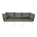 A white outdoor couch with grey rope and Sunbrella charcoal cushions and 5 back pillows.