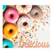 A group of donuts in a multicolor box with "Delicious" on the side.