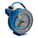 A BluBird grey powder-coated steel hose reel with a blue hose attached.
