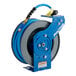 A BluBird gray steel air hose reel with a blue hose attached.