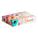 A multicolor Southern Champion donut box with "Delicious" on it containing donuts.
