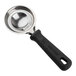A Tablecraft PerfectGrip stainless steel egg separator with a black handle.