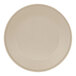 A taupe Cal-Mil melamine plate with a circle shape on a white background.