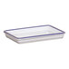 A white rectangular Cal-Mil melamine serving tray with blue stripes.
