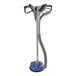 A close-up of a stainless steel turbo brush tool with a blue base.