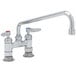 A T&S chrome deck-mounted faucet with two lever handles.